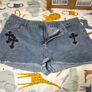ROMWE Blue Jean Shorts with Black Cross Design
